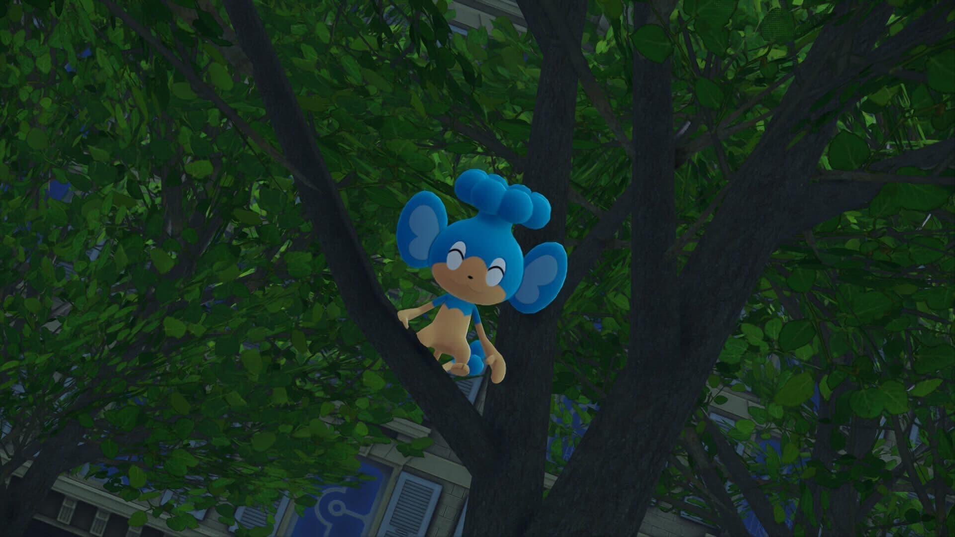 Panpour, a blue monkey with a fountain-like design on its head, hangs out in a tree in this Legends ZA screenshot