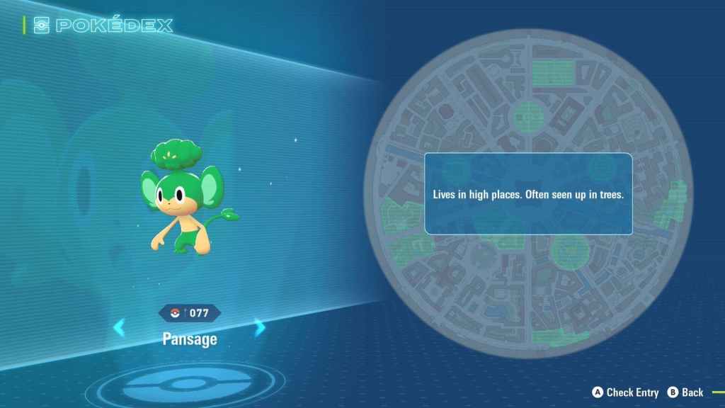 A screenshot of Pansage, a green monkey with leaf-like designs on its head and tail, as well as a map showing where players can find it in Pokémon Legends ZA