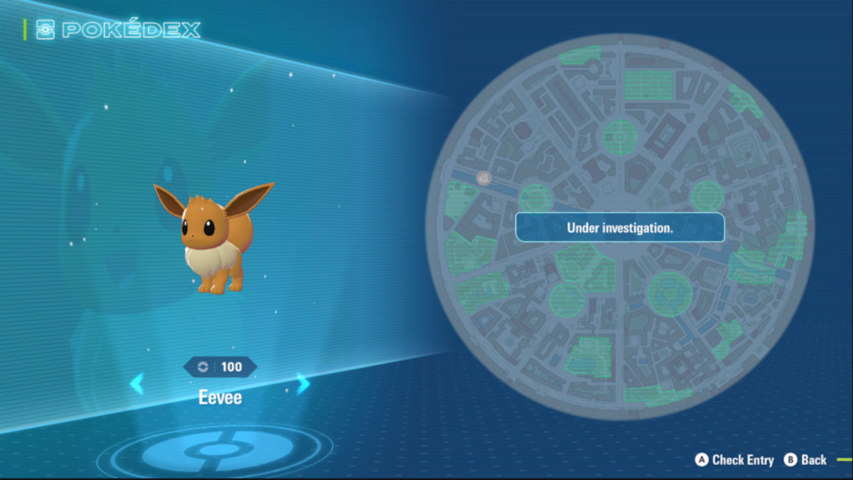 A menu shows the information for the Pokemon Eevee in Pokemon Legends: Za