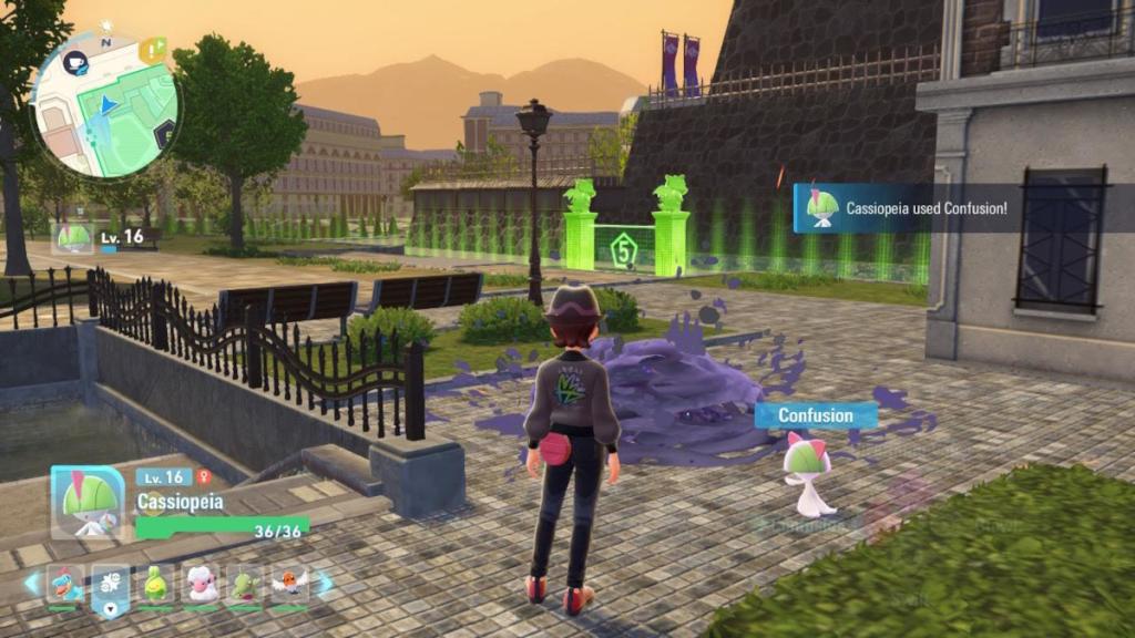 The Pokemon Ralts using a Psychic-type move to clean up purple goo in Pokemon Legends: ZA.