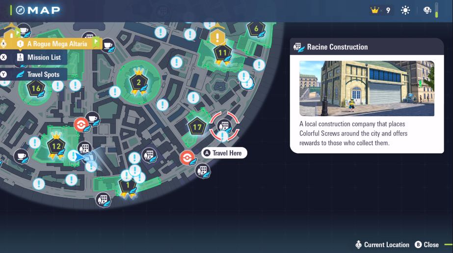 The Lumiose City Racine Construction location on the map