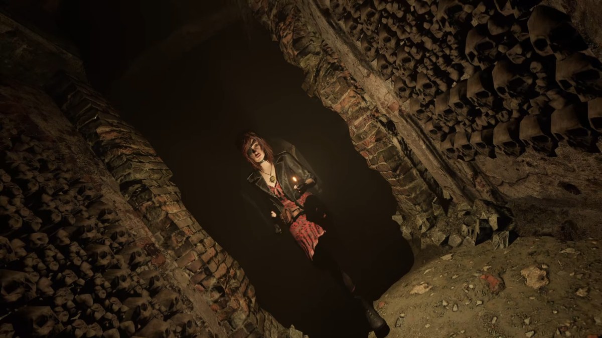 Camera rotating as Caroline runs through the Crypts, towards the camera