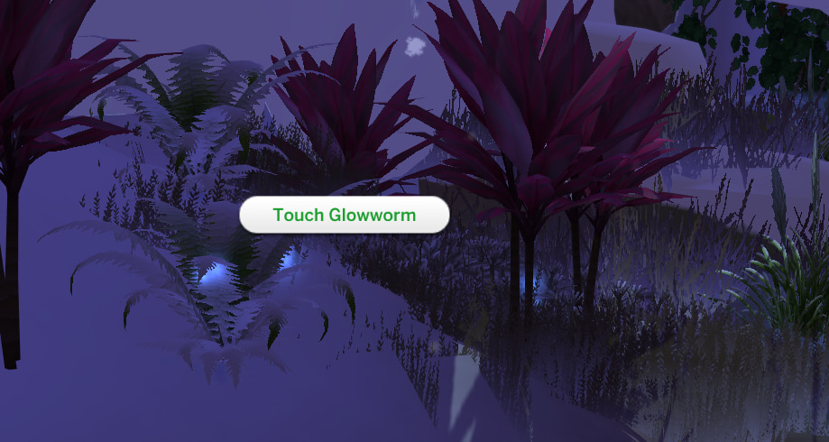 This screenshot from The Sims 4 shows the prompt for users to touch a glowworm.