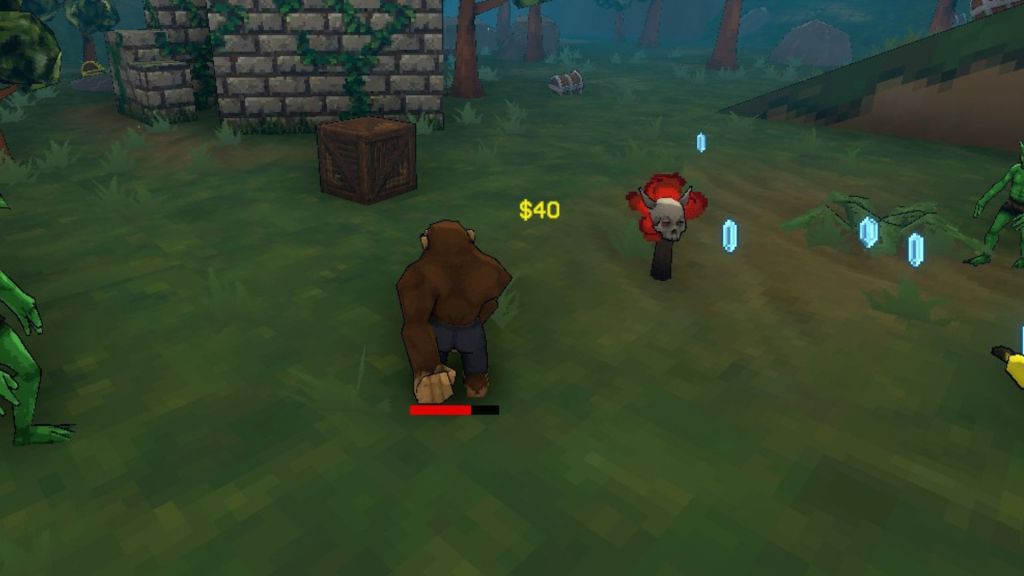 Monke next to an active Greed Shrine in the Forest.