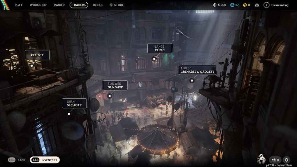 A massive market square in ARC Raiders with several characters the player can visit. 