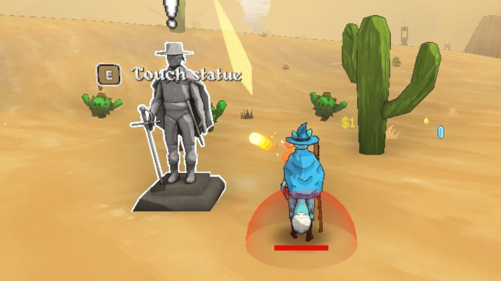 The Bandit statue in the desert with Fox standing in front of it.