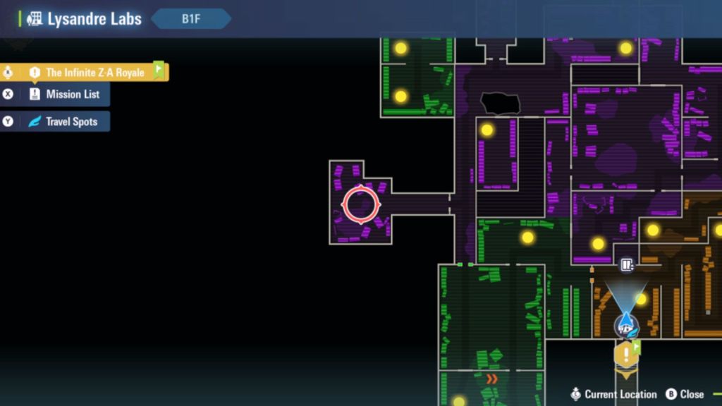 The map of Lysandre Labs showing a purple room with the Beldum location marked in red.