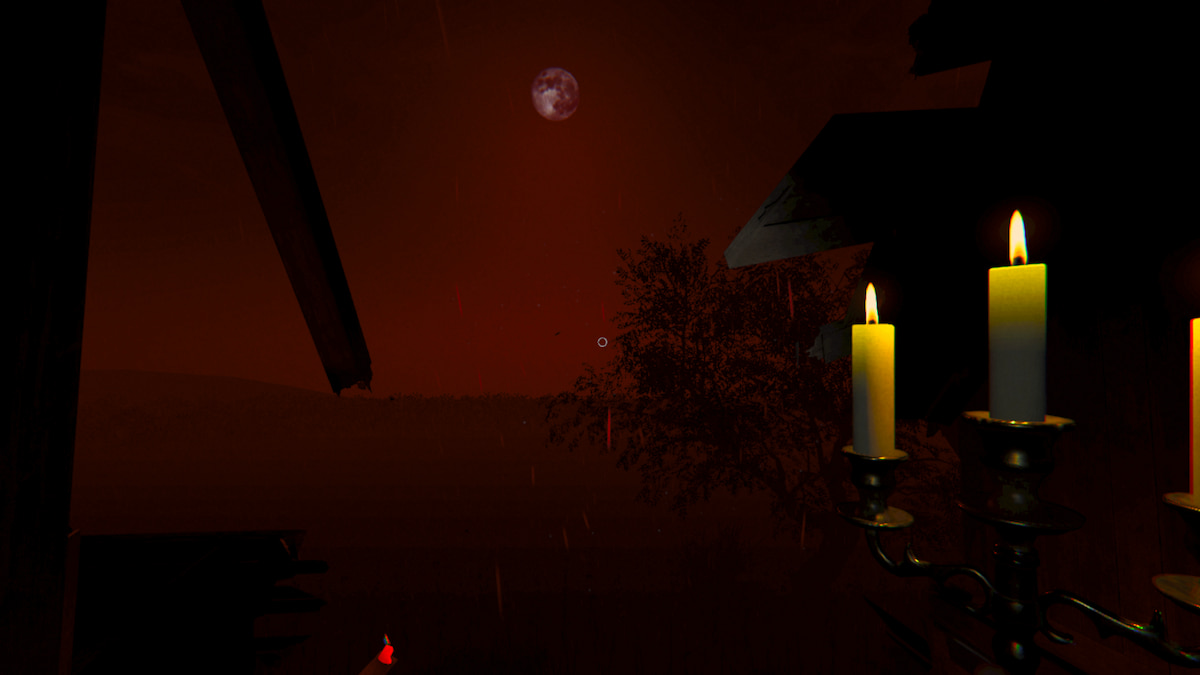 A player holding a lit candelabra looking outside a house at a blood red sky in Phasmophobia