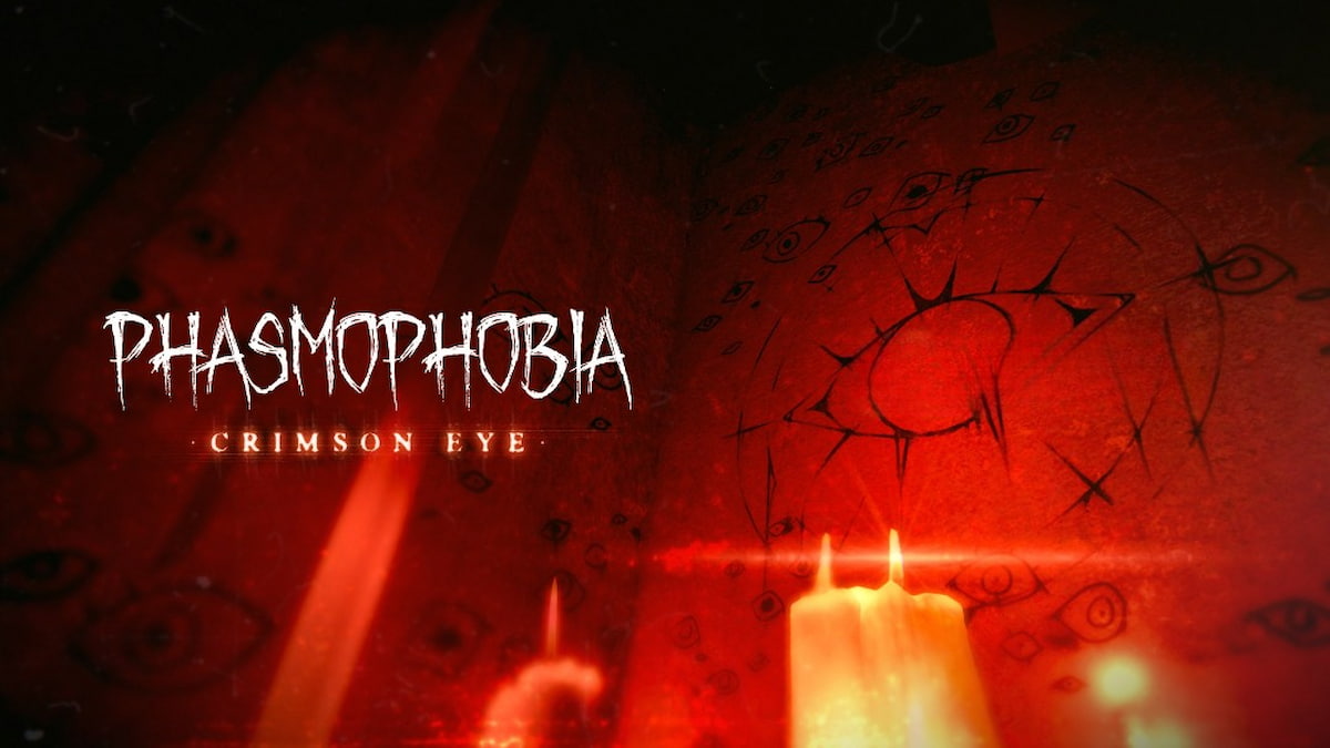 Crimson eye event name over red background with creepy dark red drawings and lit candles in phasmophobia