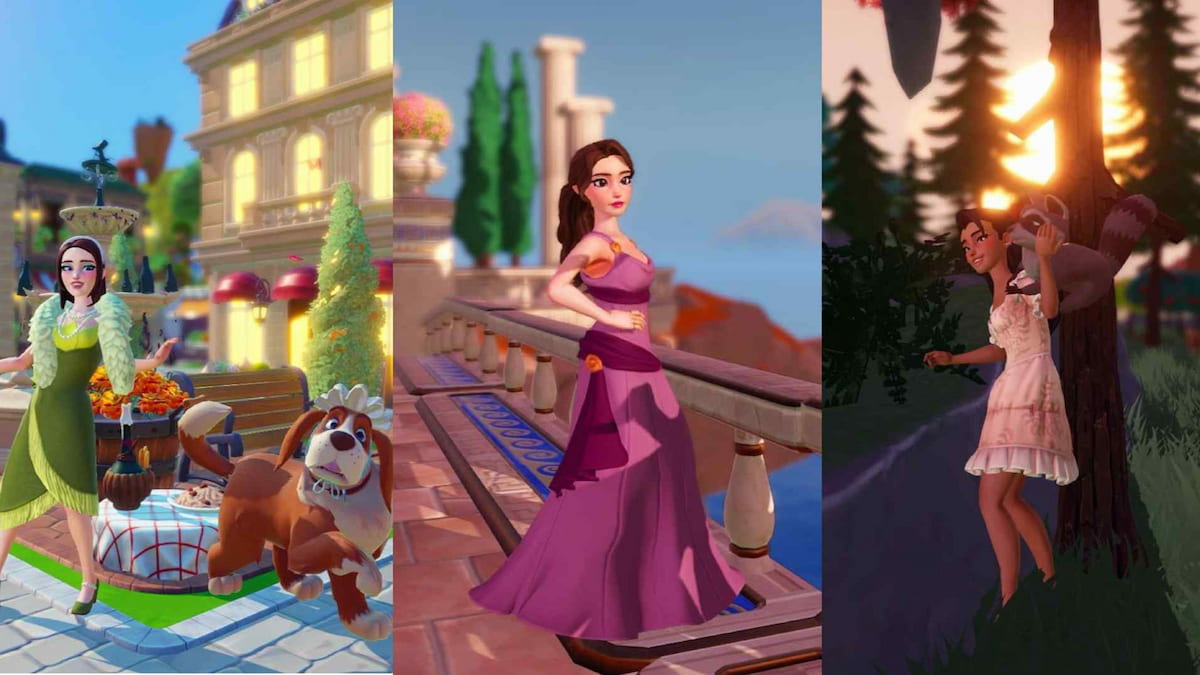 Teasers for upcoming updates including the player with a dog by a dinner table, a player dressed as meg from hercules, and a player petting a raccoon in a forest in disney dreamlight valley