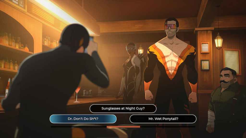 Several superheroes talking in a bar in Dispatch. 