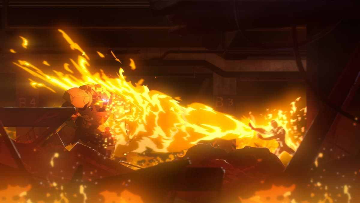 A superhero shooting molten lava at another hero in a mech armor in Dispatch.