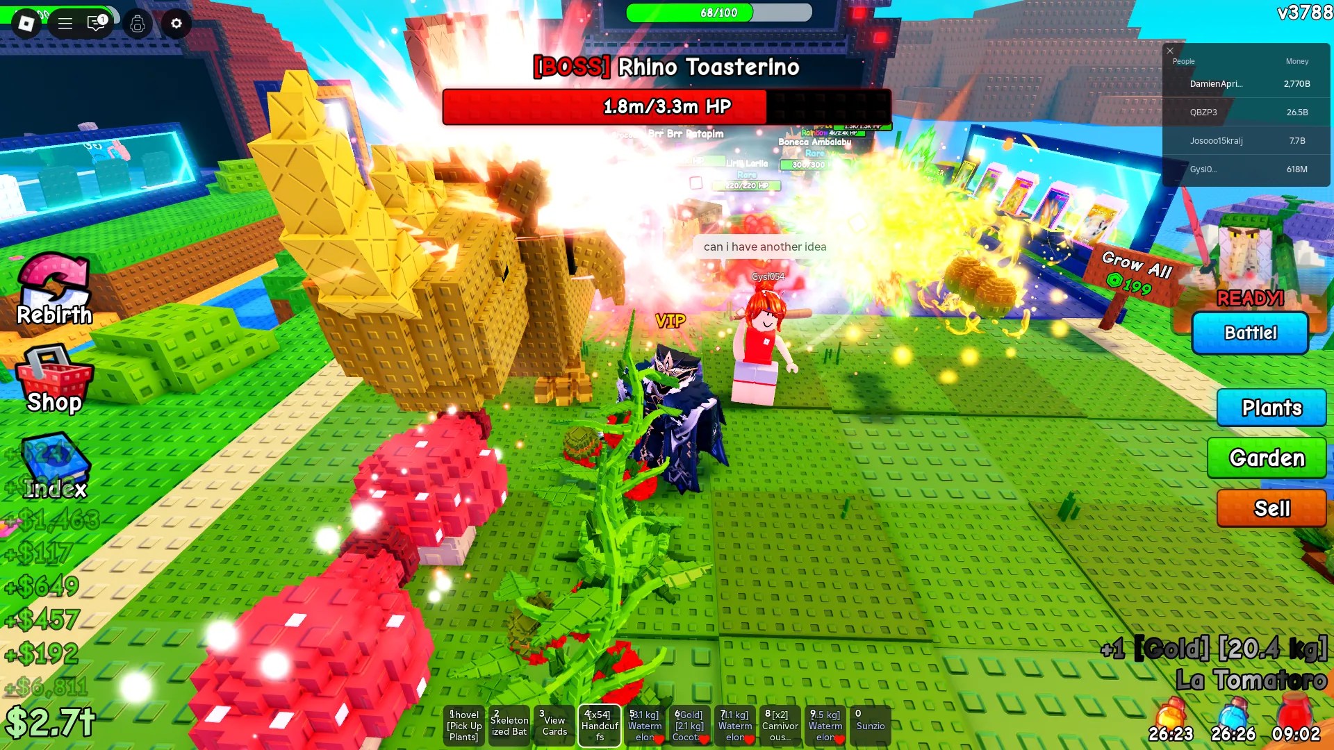 A player fighting a boss brainrot in Plants vs Brainrots Roblox experience.