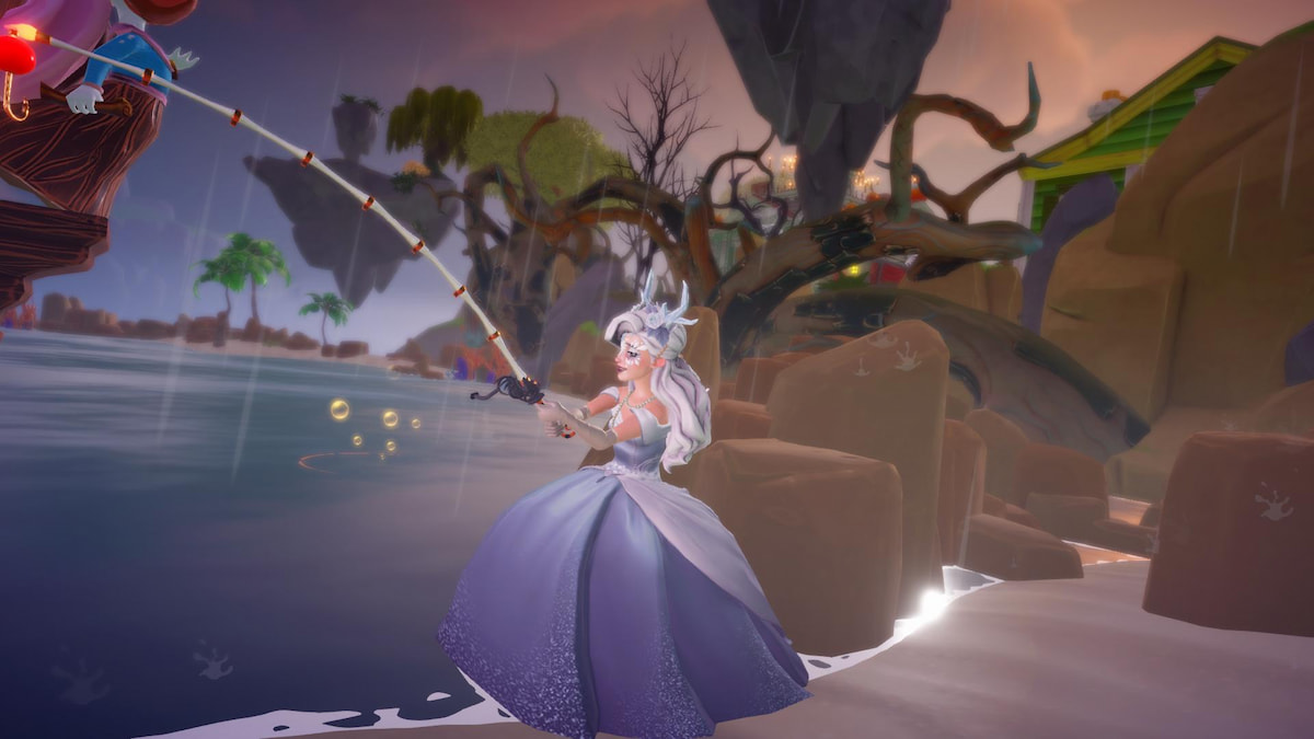 Fishing out of the water at dazzle beach in disney dreamlight valley