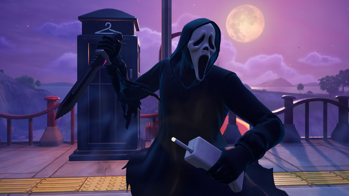 Ghostface in front of booth and moon in fortnite