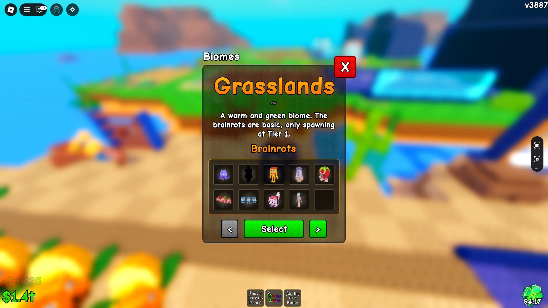 Preview of the secret brainrots available from the Grasslands Biome in Plants vs Brainrots Roblox experience.