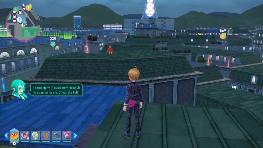 The player character spotting a Hawlucha on a rooftop in Legends ZA