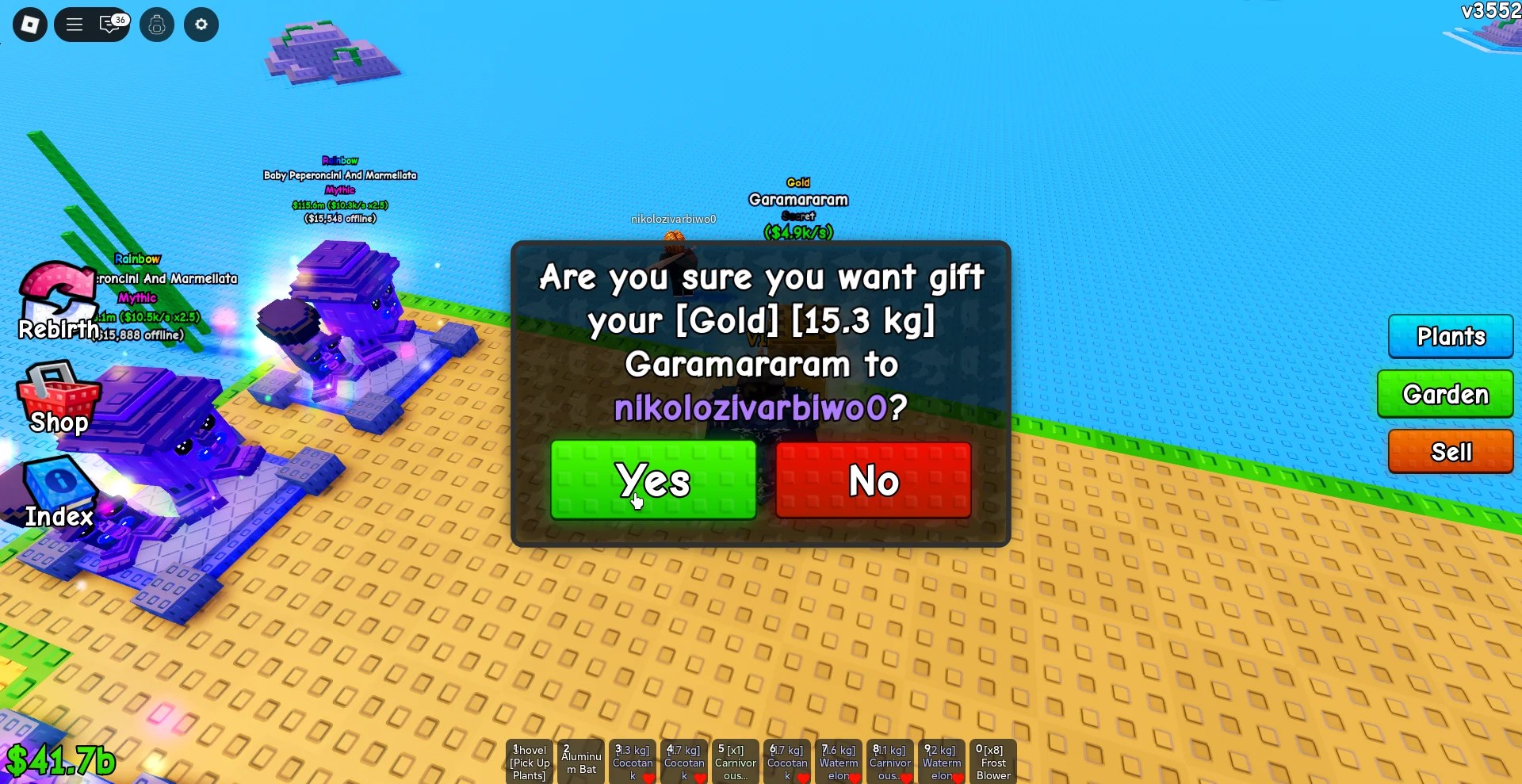 A player gifting a brainrot to another player in Plants vs Brainrots Roblox experience.