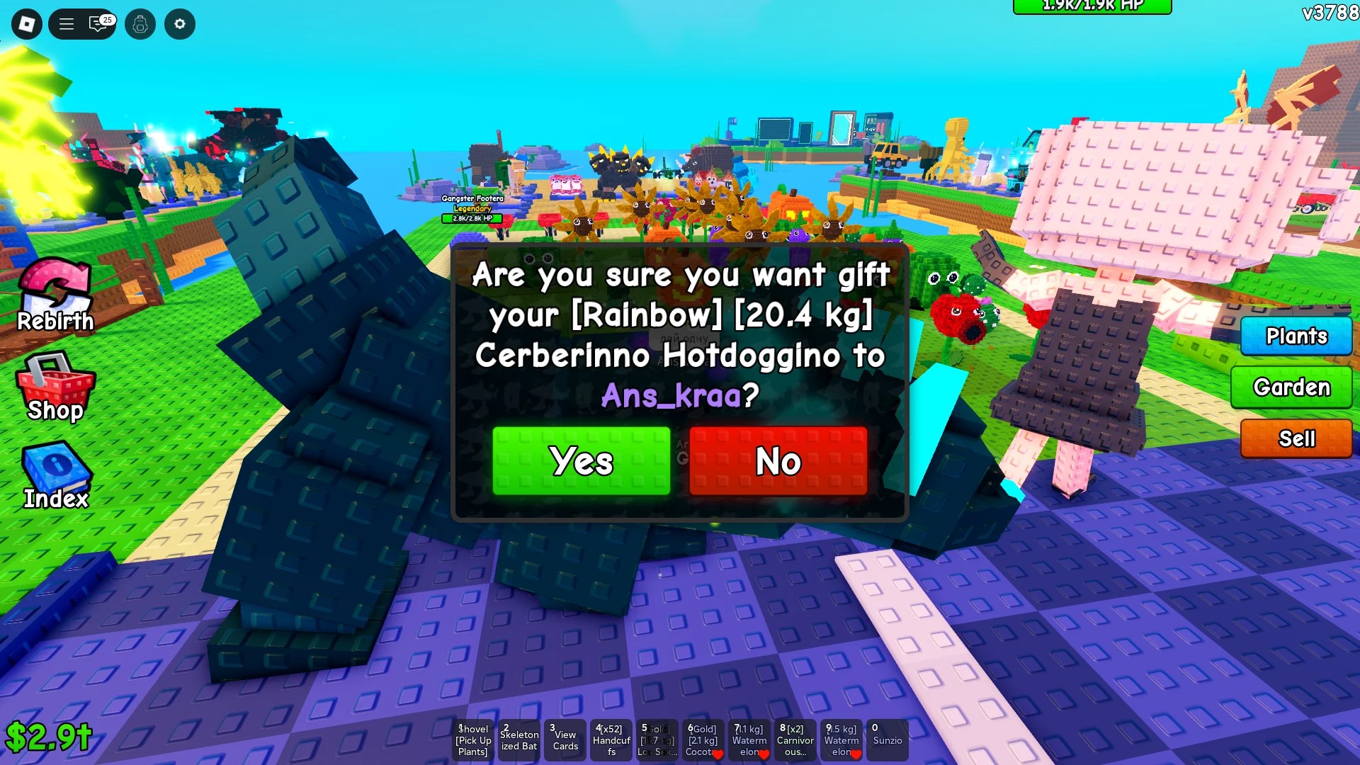 A player showing how to trade brainrots in Plants vs Brainrots Roblox experience.