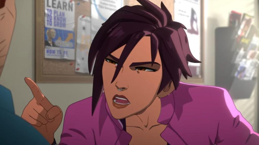 Invisigal in Dispatch pointing her finger at Robert