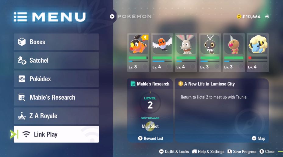 The player's main menu in ZA with the Link Play option highlighted at the bottom.