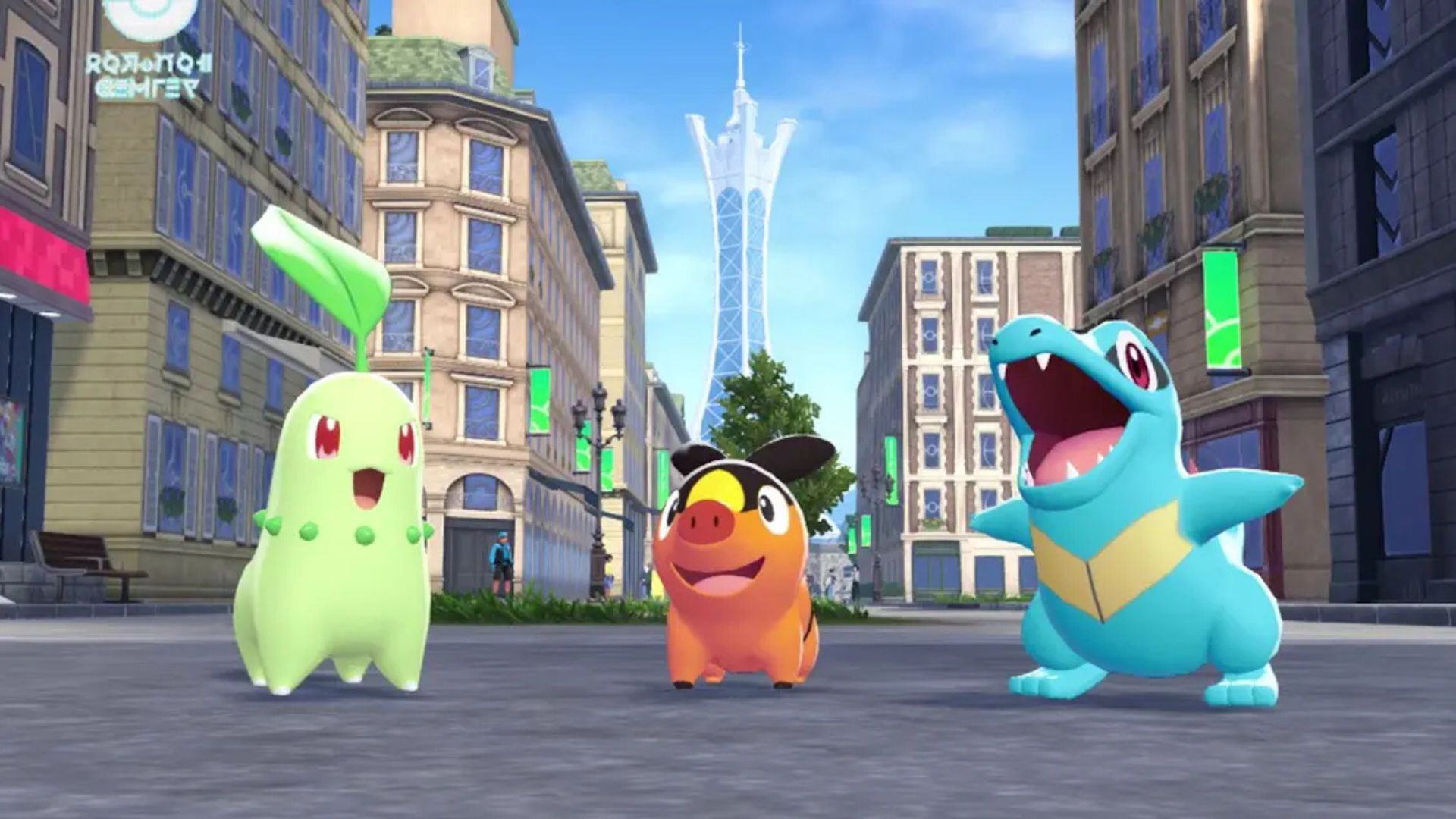 Chikorita, Tepig, and Totodile in Lumiose City