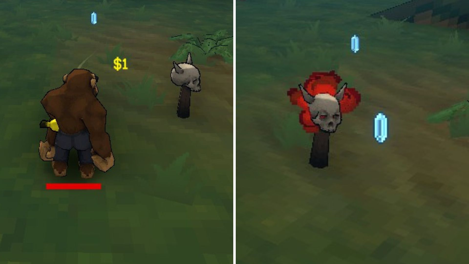 On the left, Monke standing in front of an inactive Greed Shrine. On the right, an active Greed Shrine.