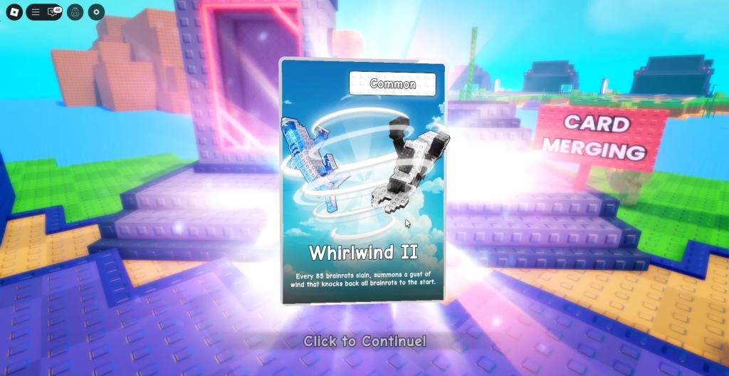 Merged Whirlwind II card in Plants vs Brainrots Roblox experience.