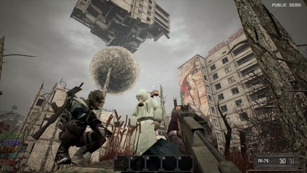 Several characters in Misery standing in what appears to be Pripyat, Ukraine.