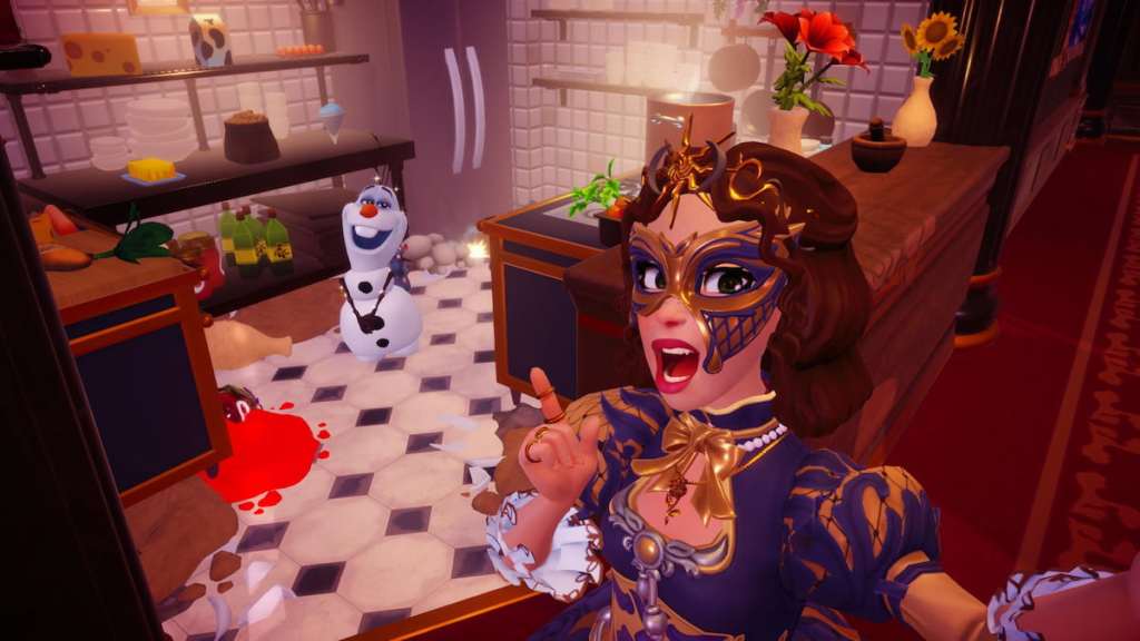 Taking a picture with olaf in a messy kitchen in ddv