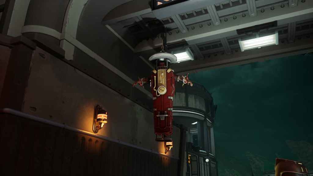 A man crucified and hanging from a ceiling in The Outer Worlds 2. 