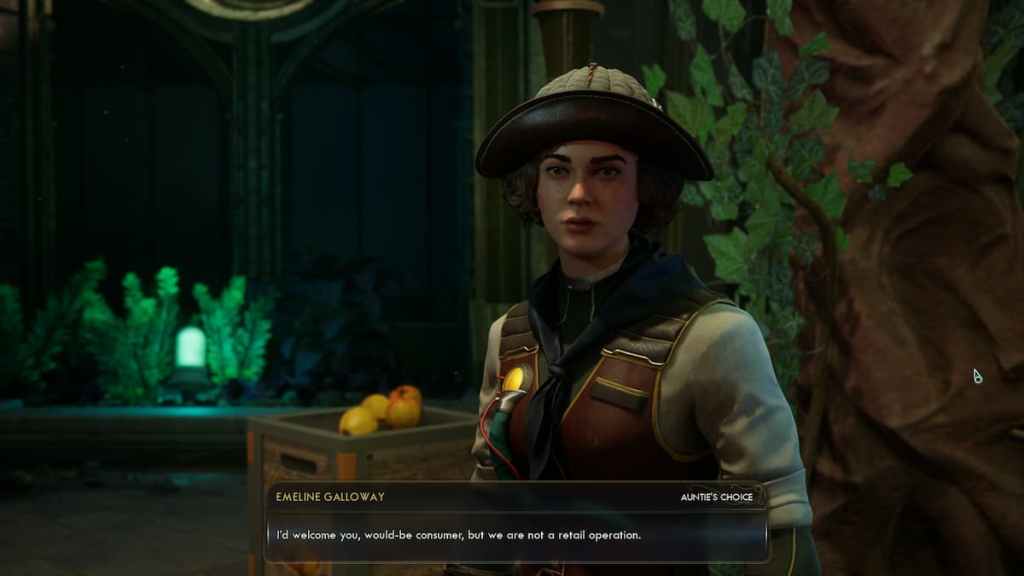 A character speaking in a botanical garden in The Outer Worlds 2. 