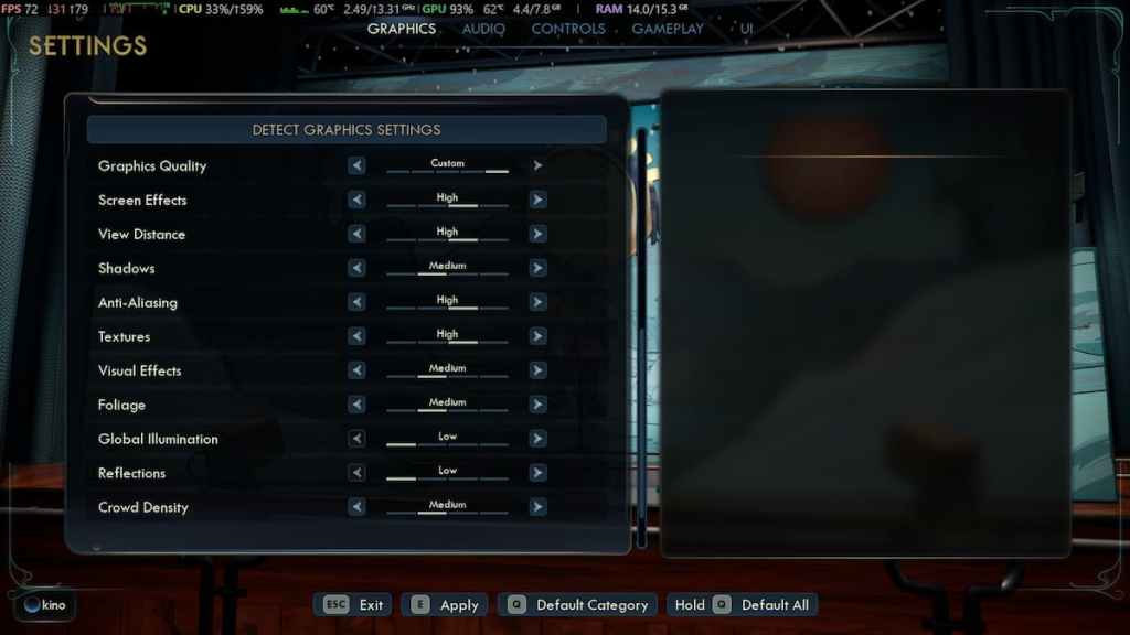 Graphical settings screen in The Outer Worlds 2. 
