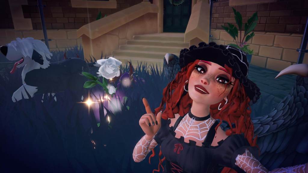 Pointing at pale bloom white rose in disney dreamlight valley