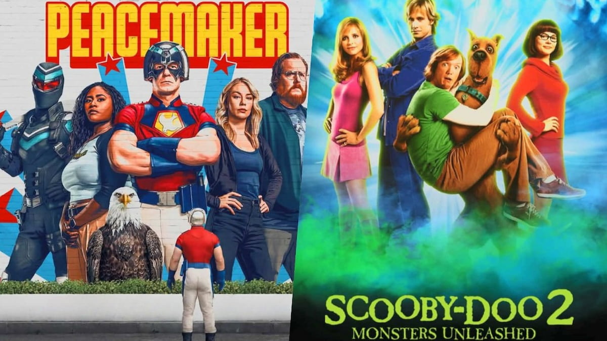 Peacemaker looking at a mural of himself and his friends and the scooby doo crew posing in green fog