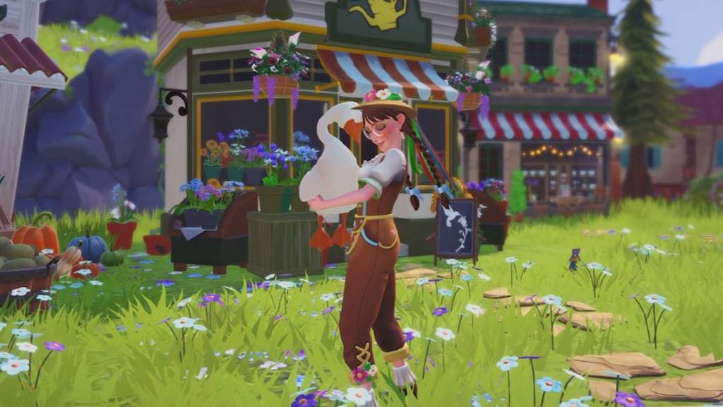 Player hugging a white goose in disney dreamlight valley