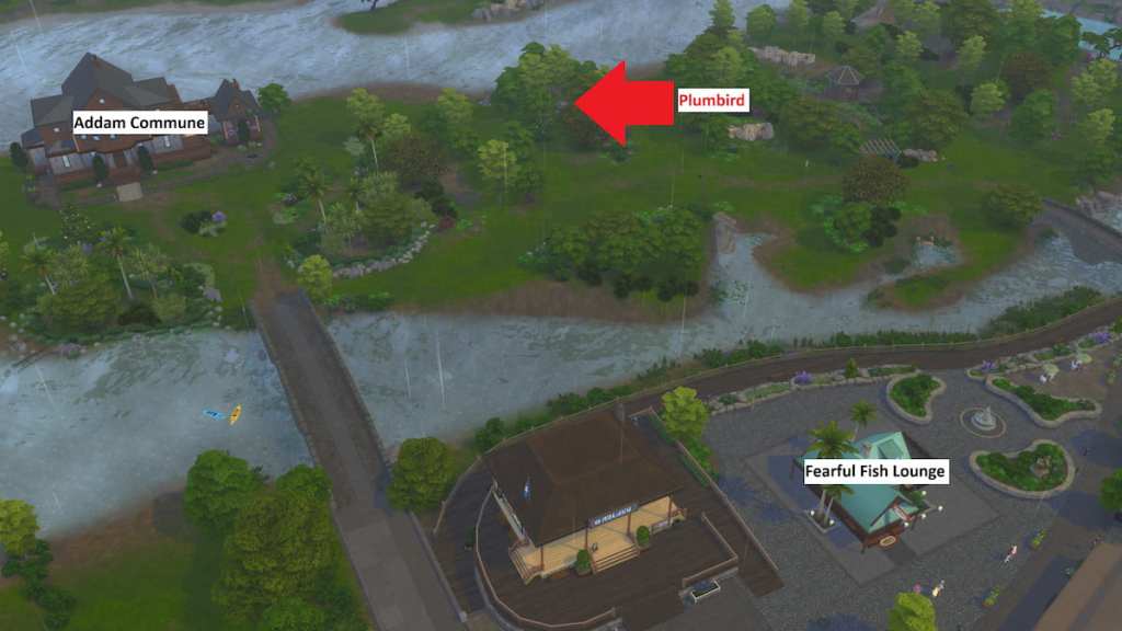 Plumbird location marked in the sims 4
