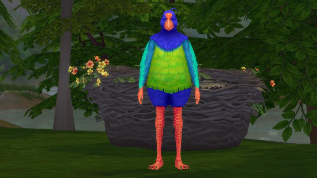 A colorful plumbird standing by a nest in the sims 4