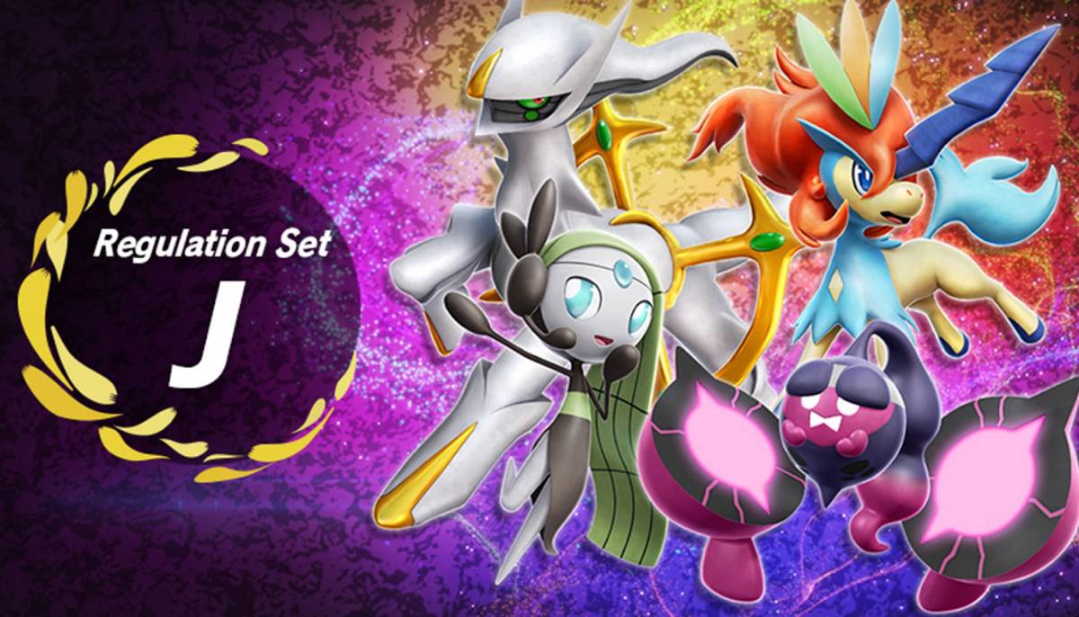 Promotional artwork for the Regulation J season of Pokémon Scarlet & Violet ranked battles shows mythical Pokémon such as Pecharunt, Meloetta, Keldeo, and Arceus