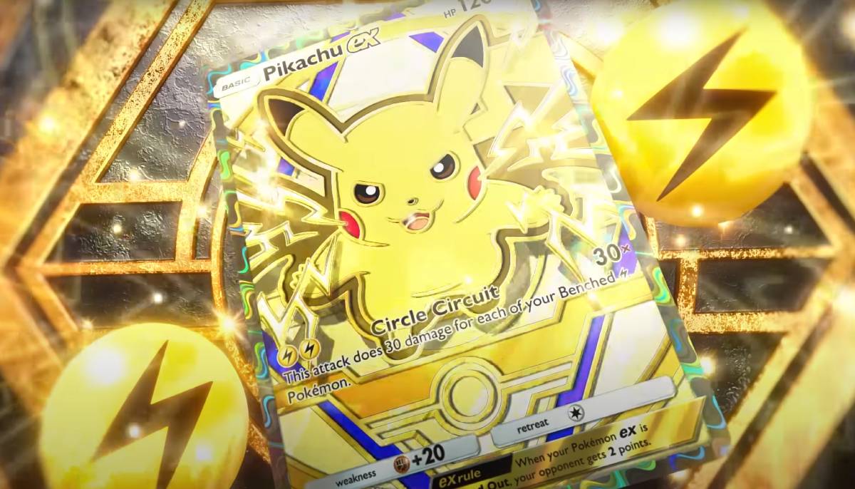A large version of the Pikachu ex card from the Deluxe Pack ex booster set is visible