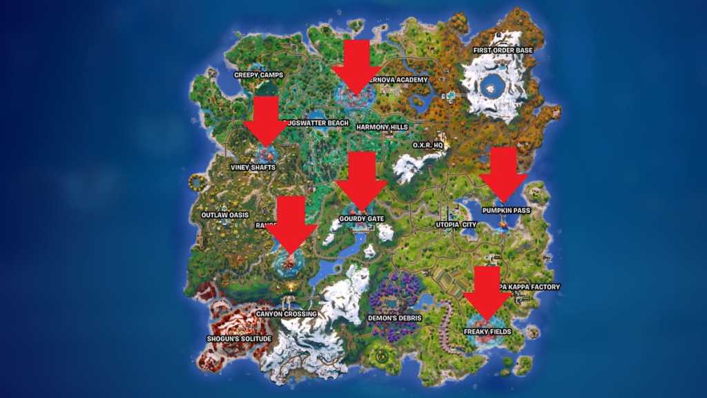 All pumpkin takeovers marked on map in fortnite
