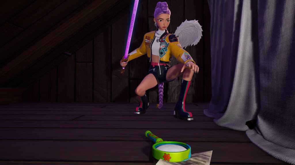 Rumi picking up a magnifying glass for velma in fortnite