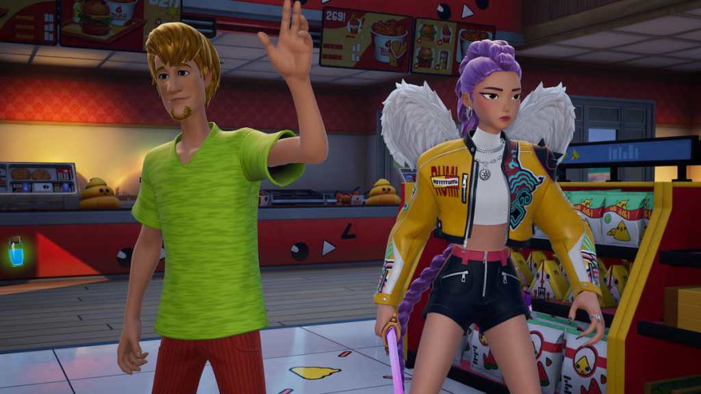 Rumi standing with shaggy waving in fortnite