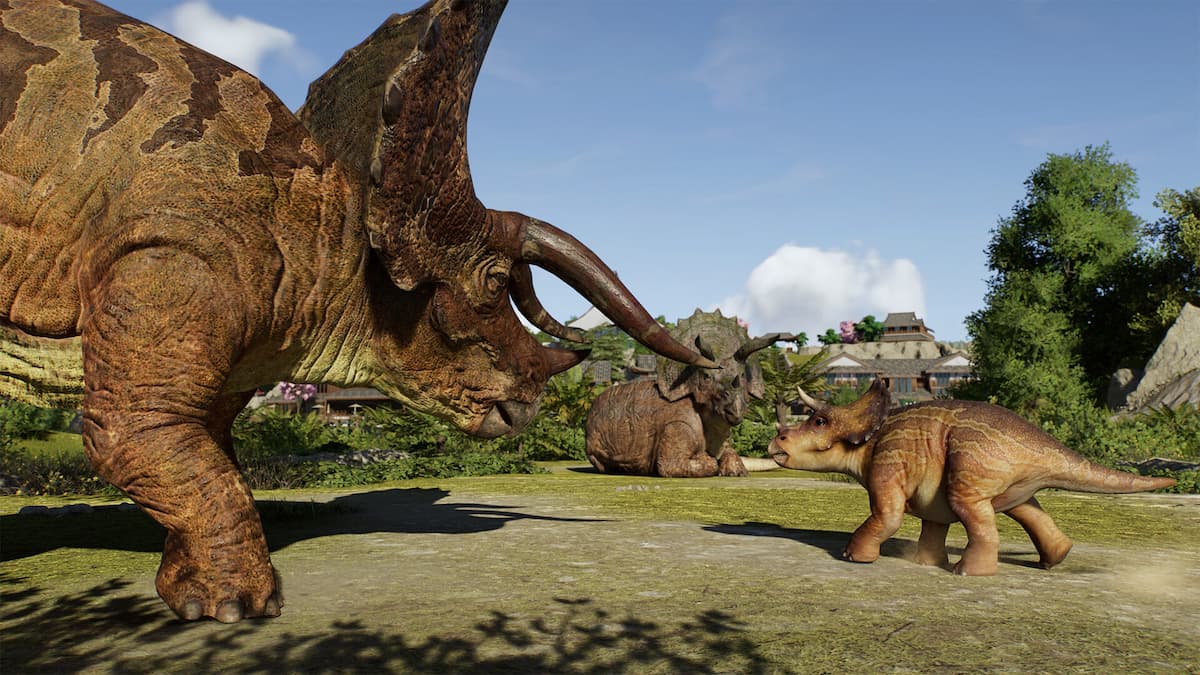 A juvenile Triceratops with their parents in Jurassic World Evolution 3