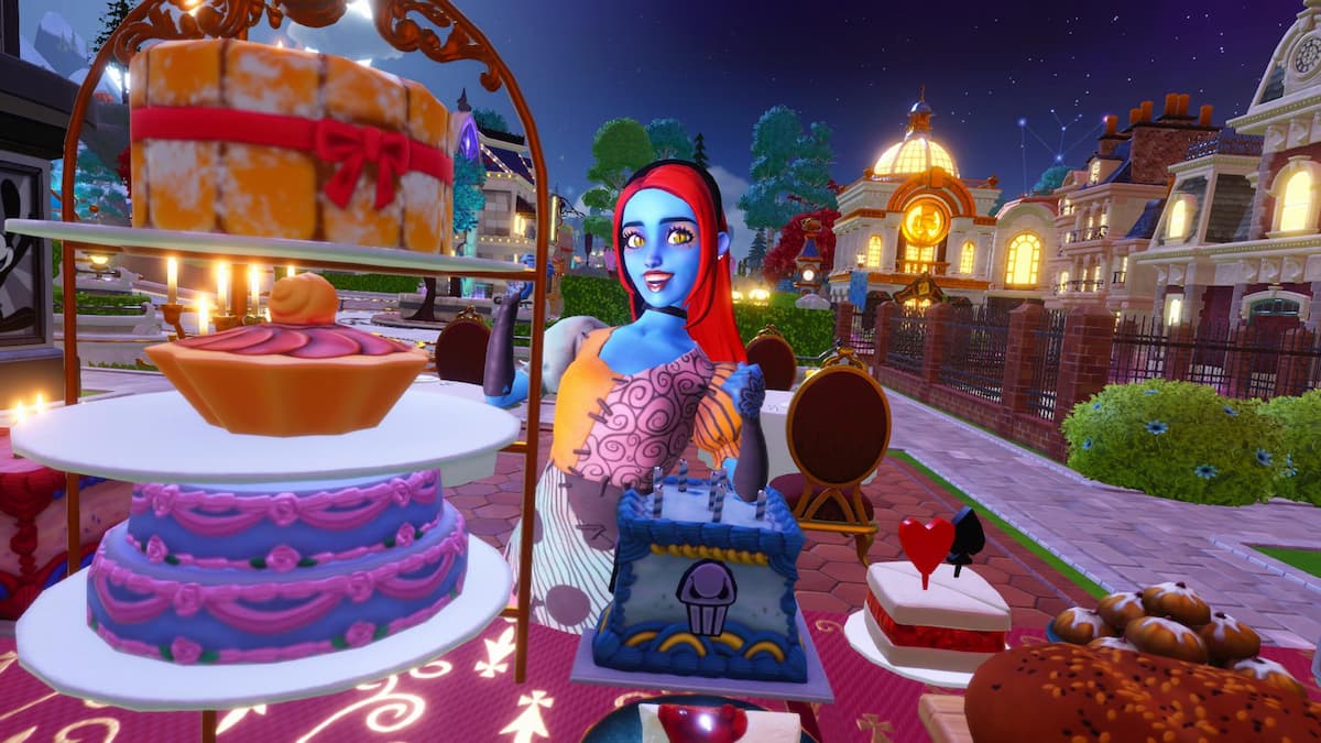 Standing by a table filled with sweet meals in disney dreamlight valley