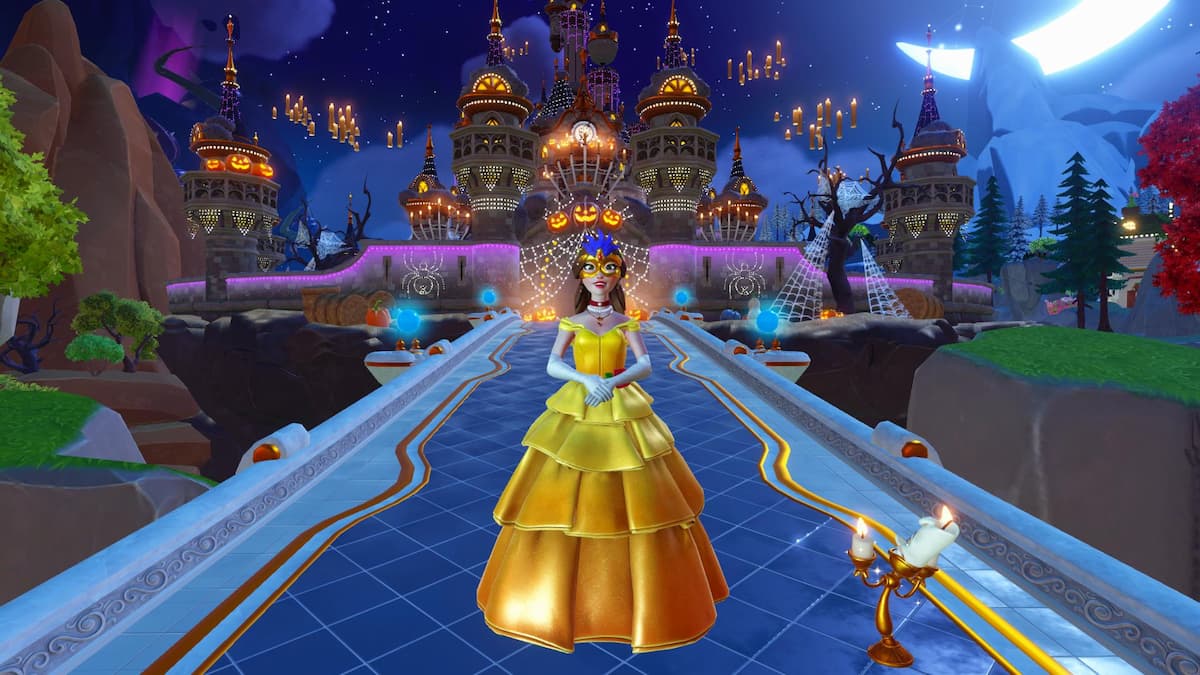 Standing in front of halloween dream castle in disney dreamlight valley