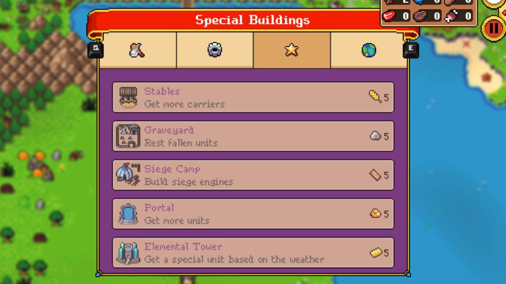 The buildings menu in Super Fantasy Kingdom.