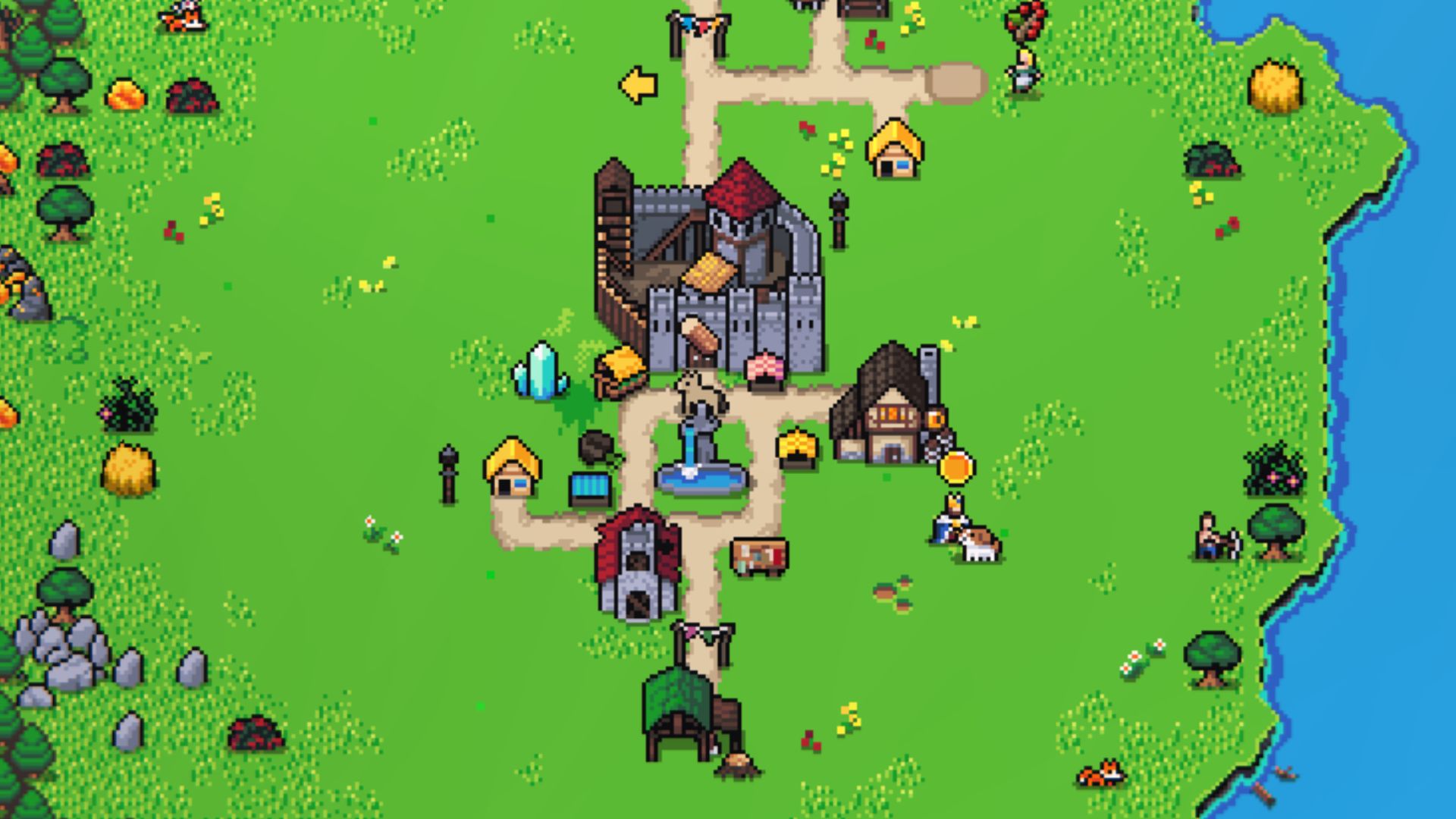 A player's kingdom with a castle, a tavern, and a lumberyard