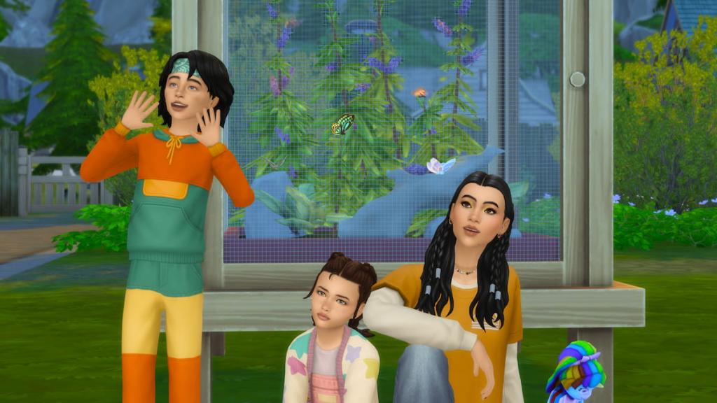 Three sims gathered in front of butterfly and moth habitat in the sims 4
