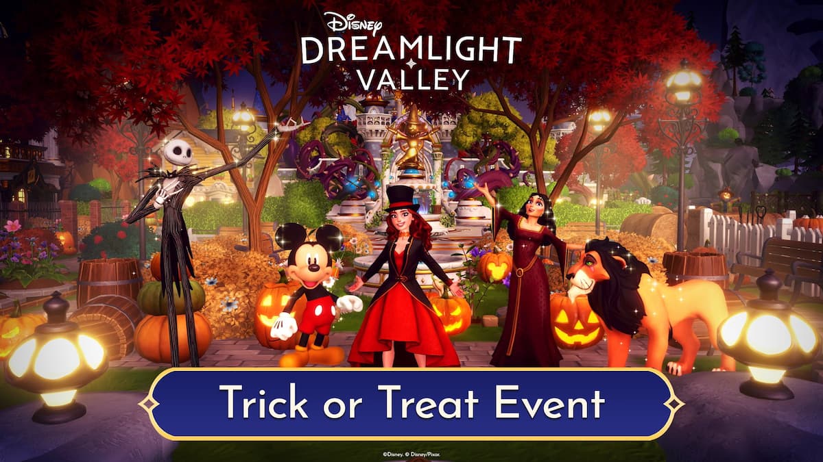Trick or treat event with the player and villagers gathered by pumpkins in disney dreamlight valley